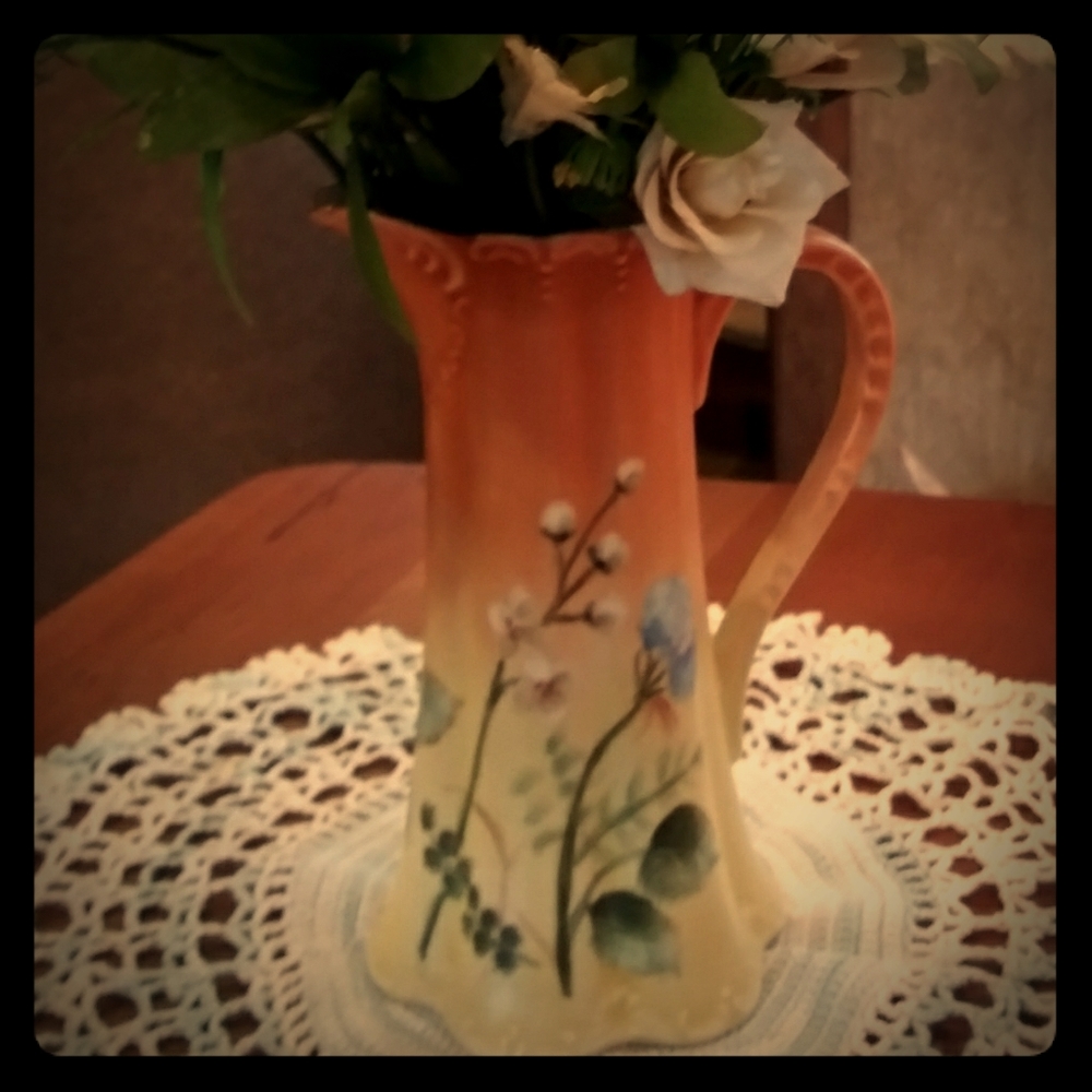 Vintage Floral HP Porcelain Pitcher Vase